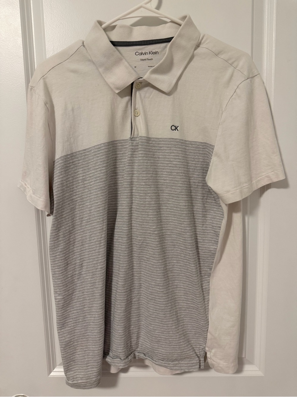 Calvin Klein Liquid Touch Men's Medium White Gray Striped Colorblock Polo Shirt